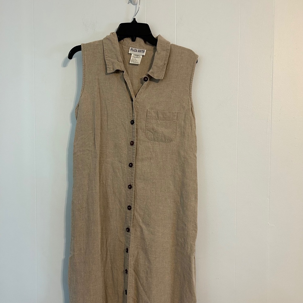 Plaza South Vintage Linen Blend Embroidered Floral Maxi Dress Beige Tan Size 10